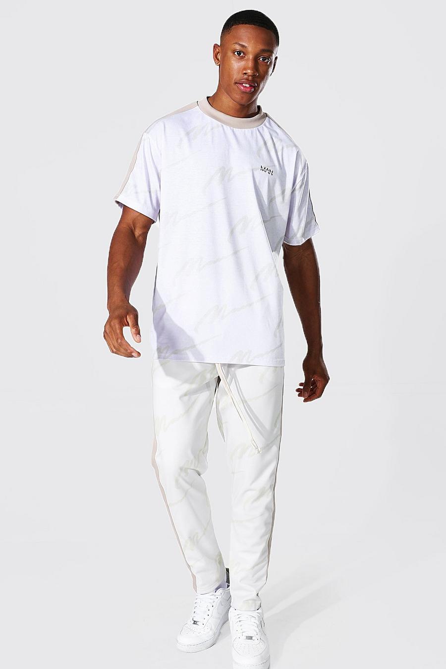 Conjunto de pantalones de deporte de tricot y camiseta ancha con estampado general MAN, Crudo image number 1