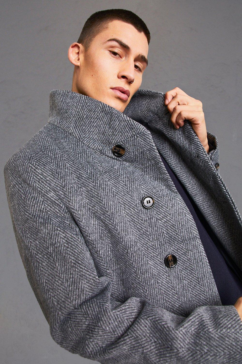 Funnel Neck Herringbone Overcoat | tunersread.com