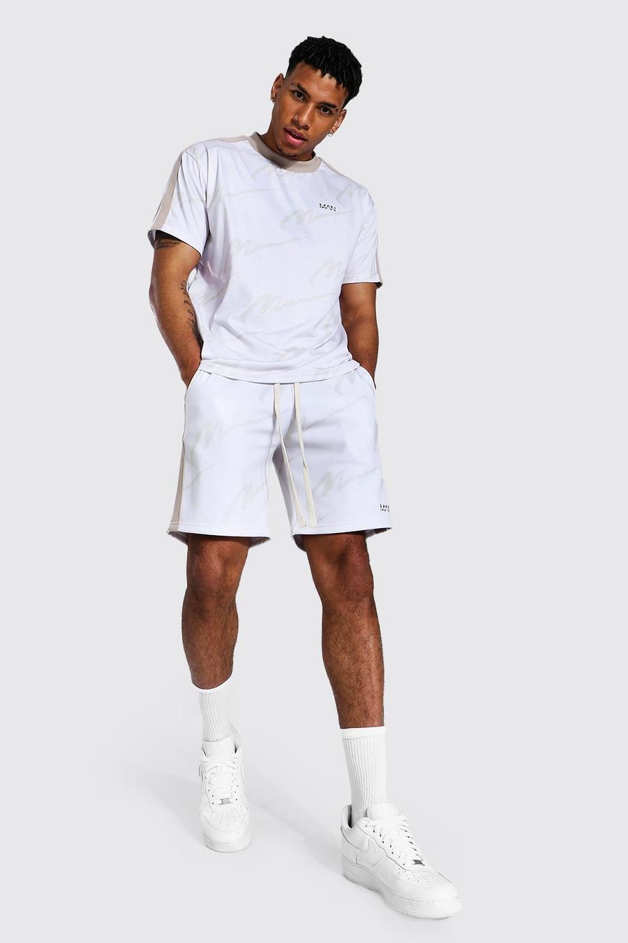 Ecru Oversized Gestreept Man T-Shirt En Shorts Set Met Opdruk image number 1