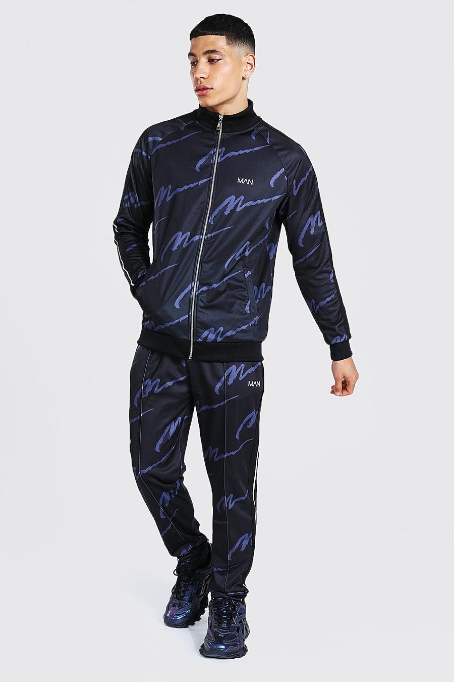 Black Repeat Man Funnel Neck Tape Tricot Tracksuit image number 1