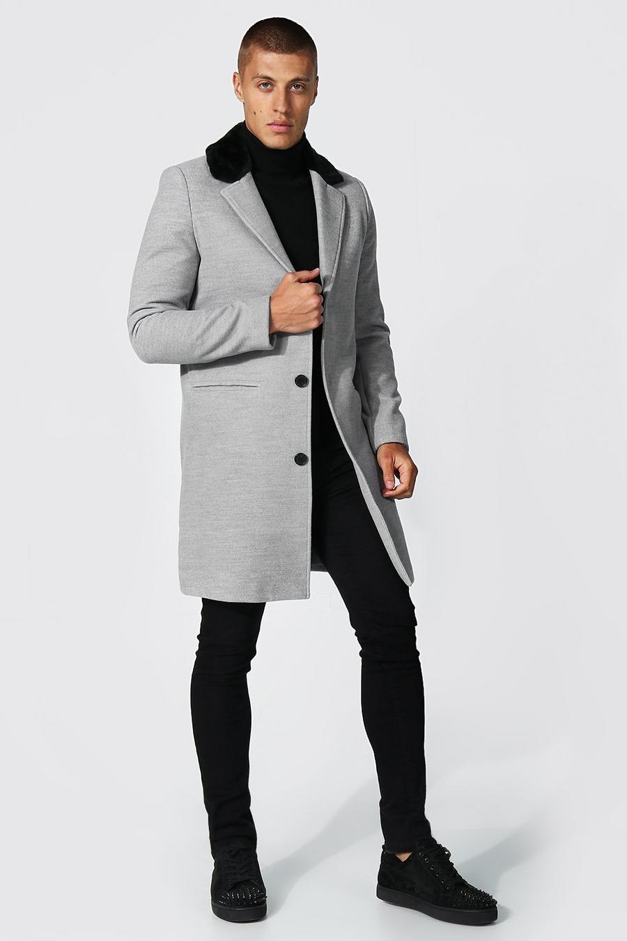 Abrigo elegante de pelo sintético con cuello, Grey image number 1