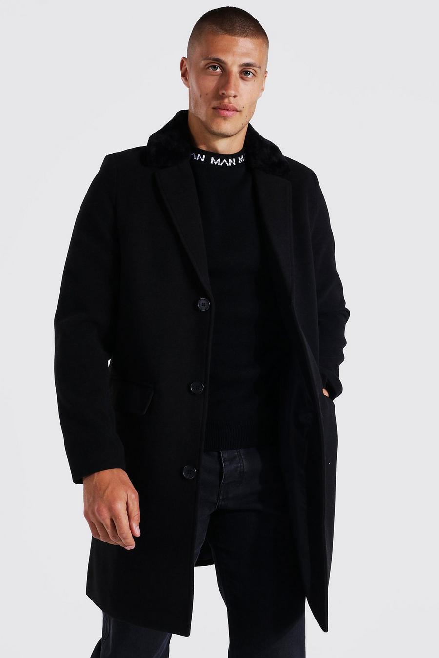 Black noir Recycled Smart Faux Fur Back Collar Overcoat