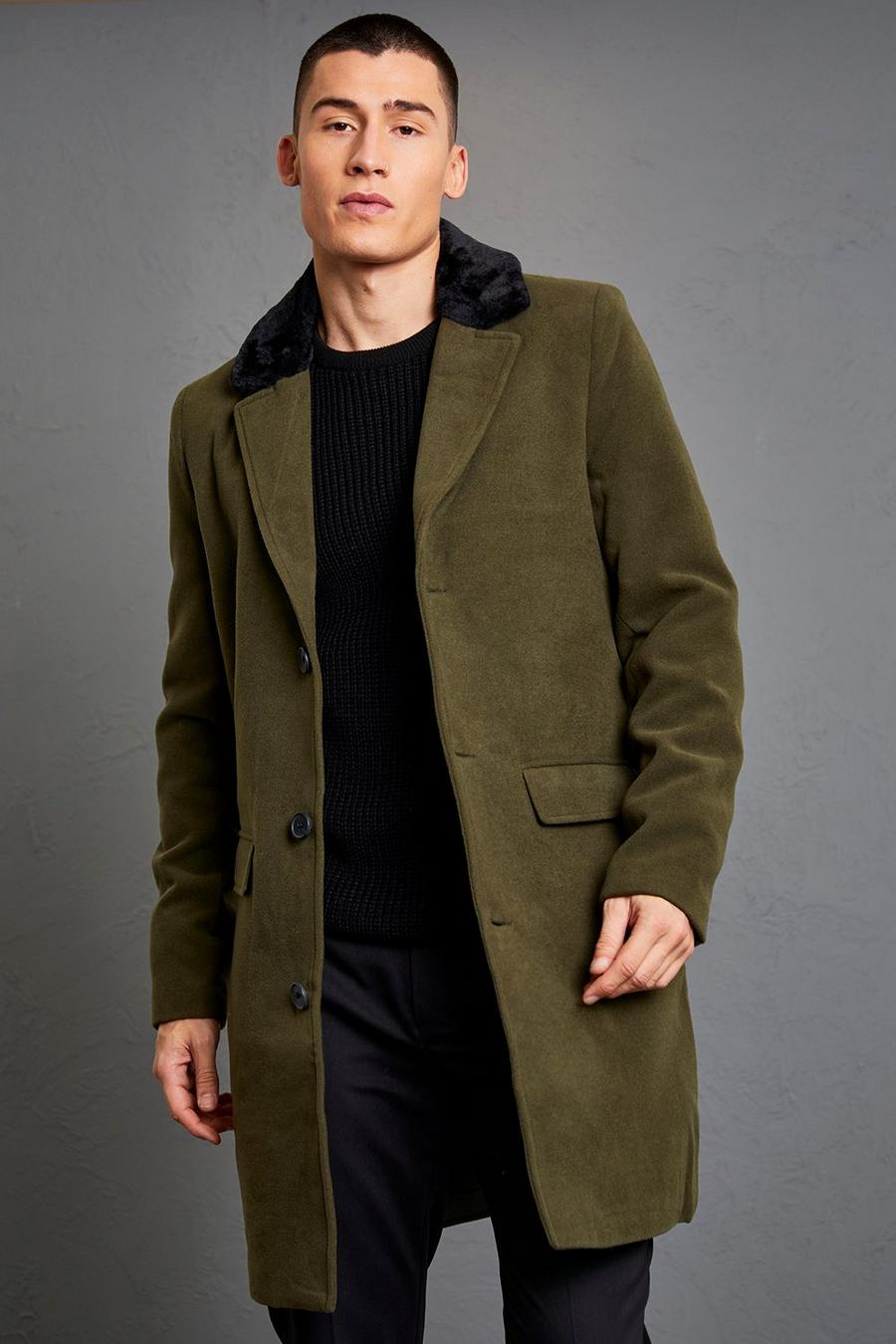 Khaki Smart Faux Fur Back Collar Overcoat image number 1