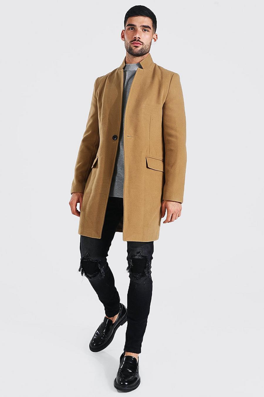 Camel Stand Up Collar Button Overcoat image number 1
