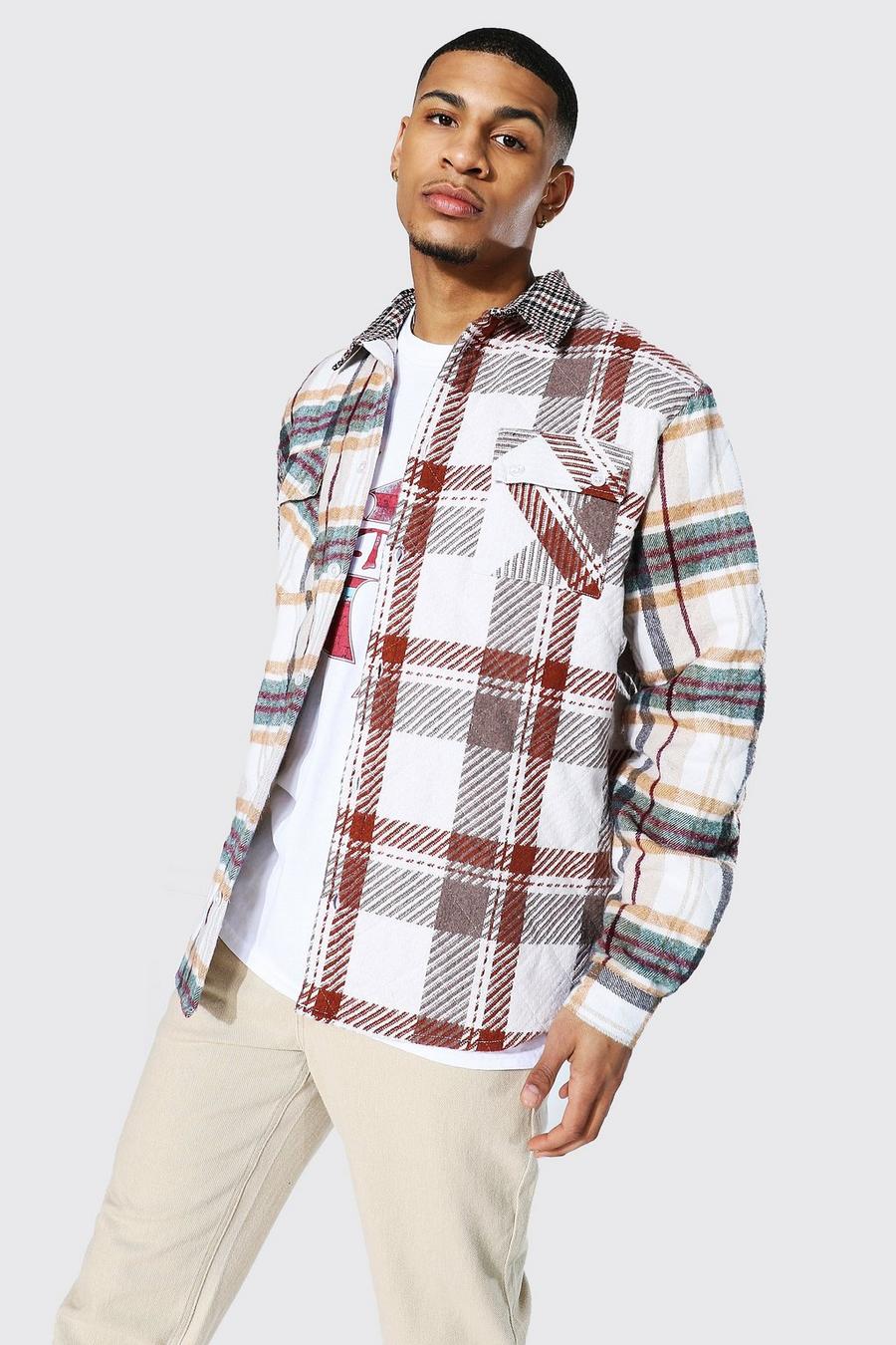 Taupe Quilted Heavy Weight Spliced Check Overshirt image number 1