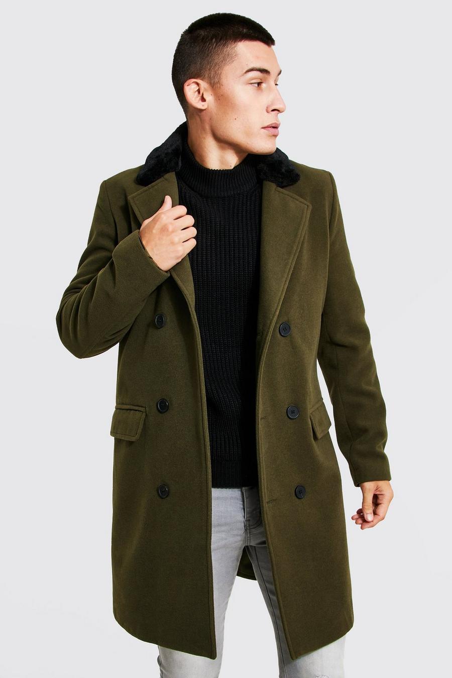 Khaki Double Breasted Faux Fur Overcoat image number 1
