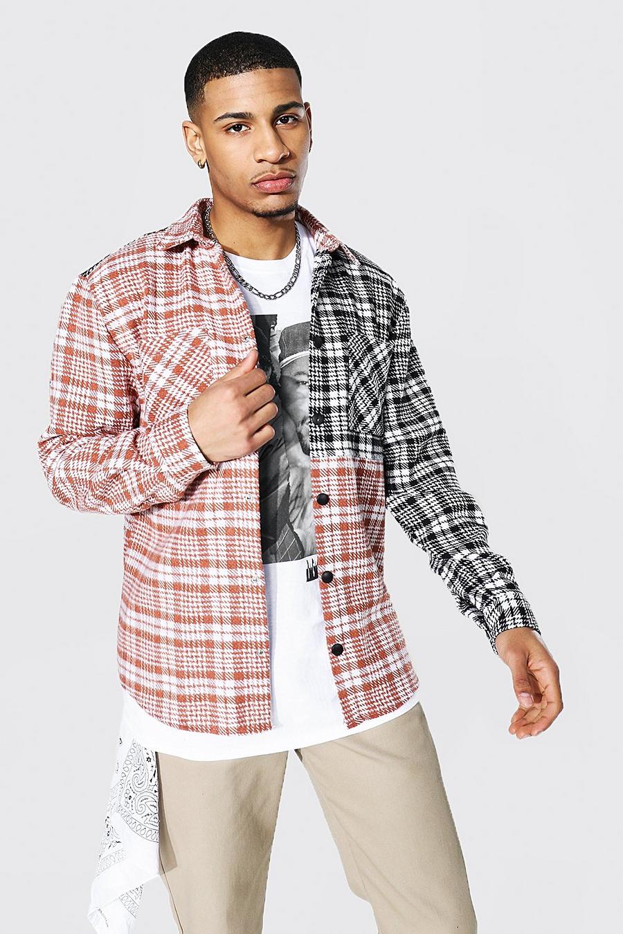 Brown Heavy Weight Spliced Check Overshirt With Poppers image number 1