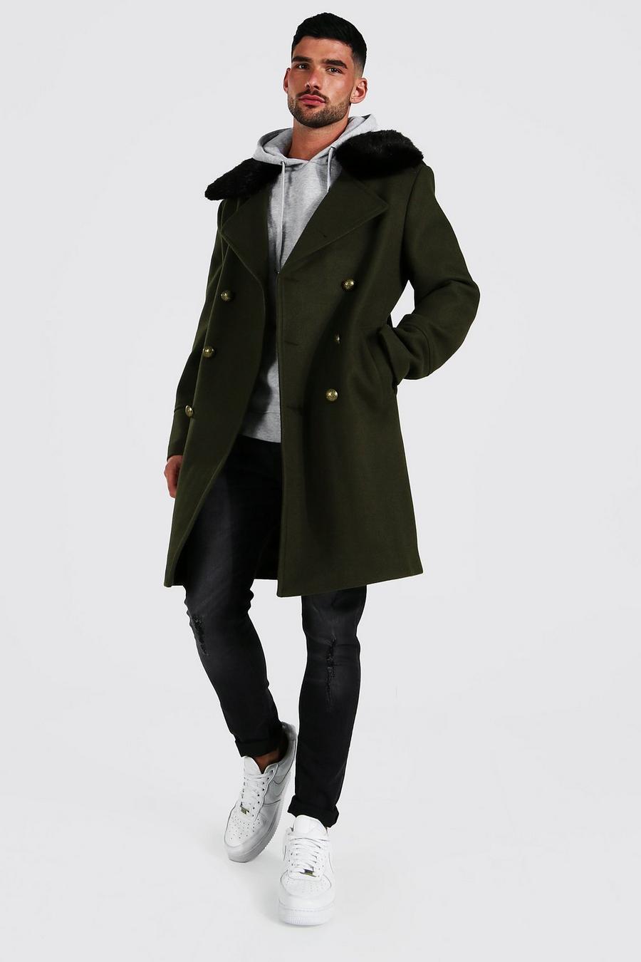 Khaki Recycled Faux Fur Collar Military Overcoat