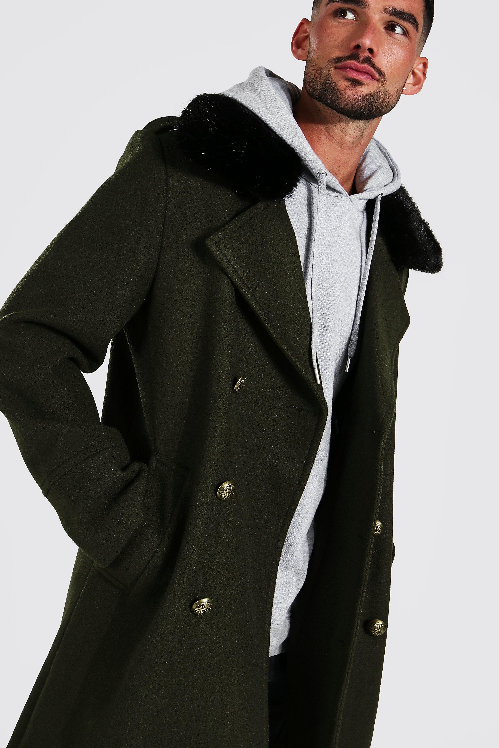 Faux Fur Collar Military Overcoat