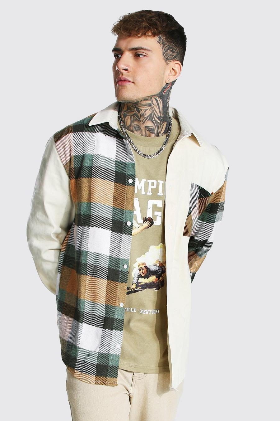 Green Contrast Spliced Check Overshirt image number 1