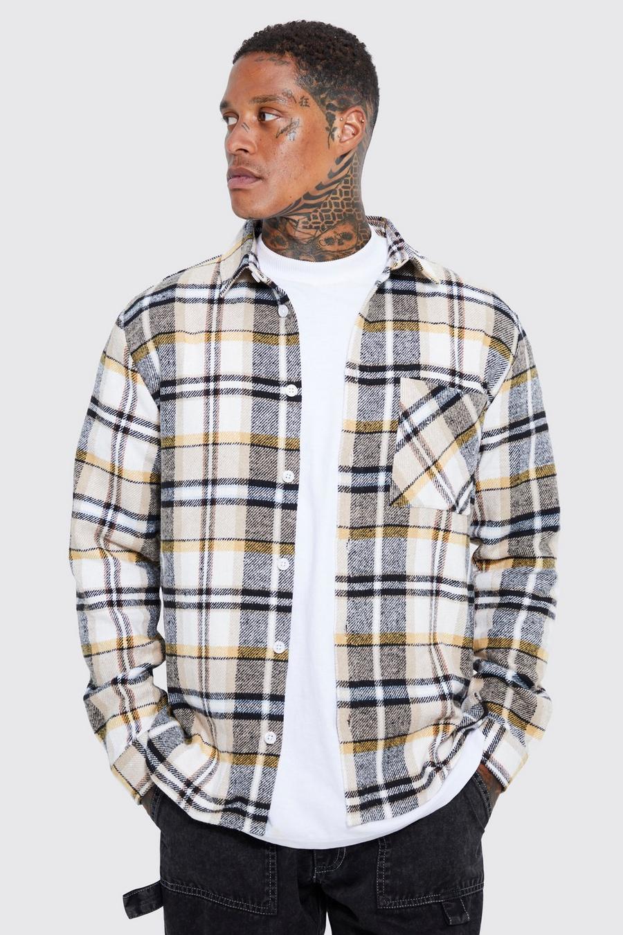 Beige Heavy Weight Check Overshirt With Split Hem image number 1
