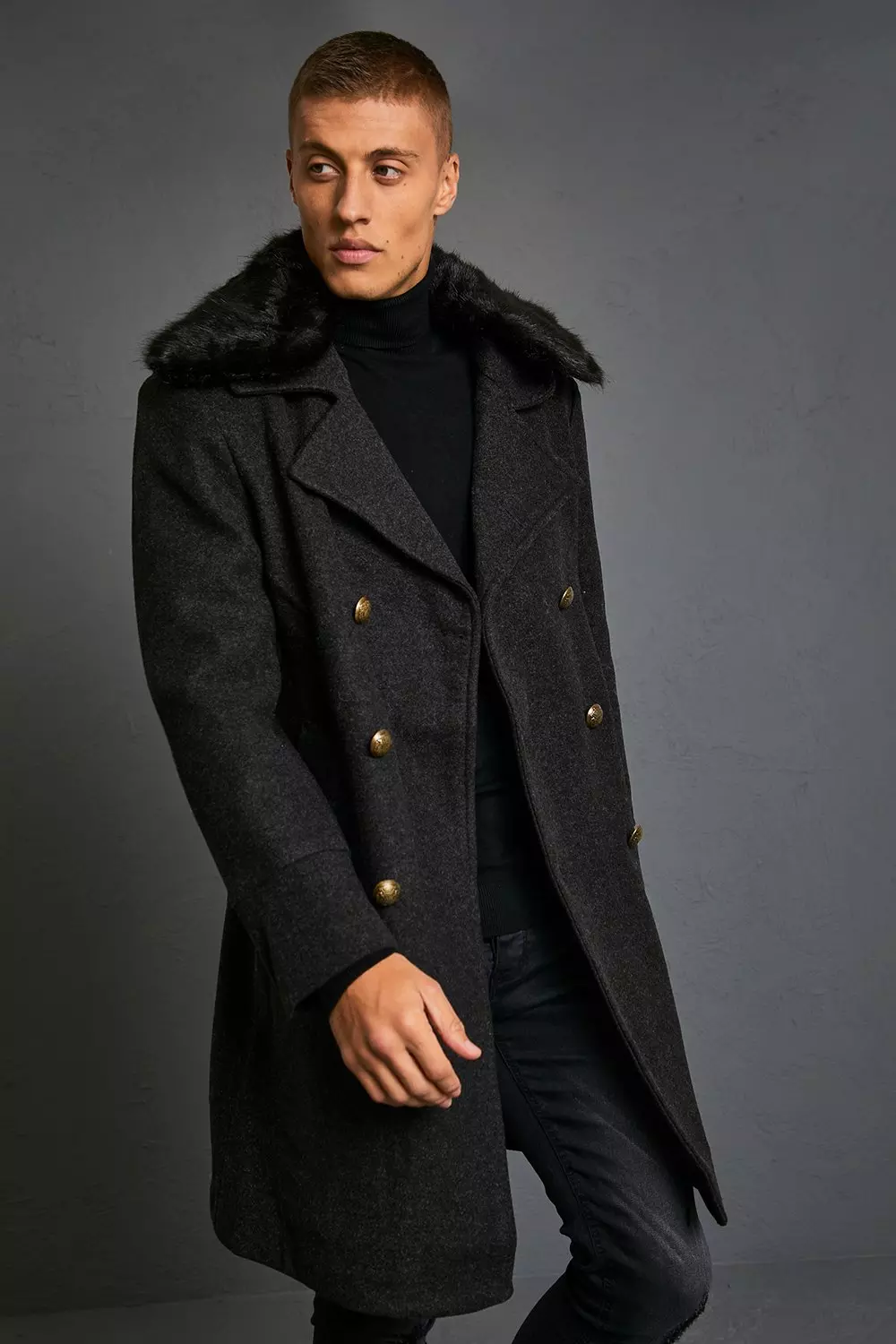 Faux Fur Collar Military Overcoat