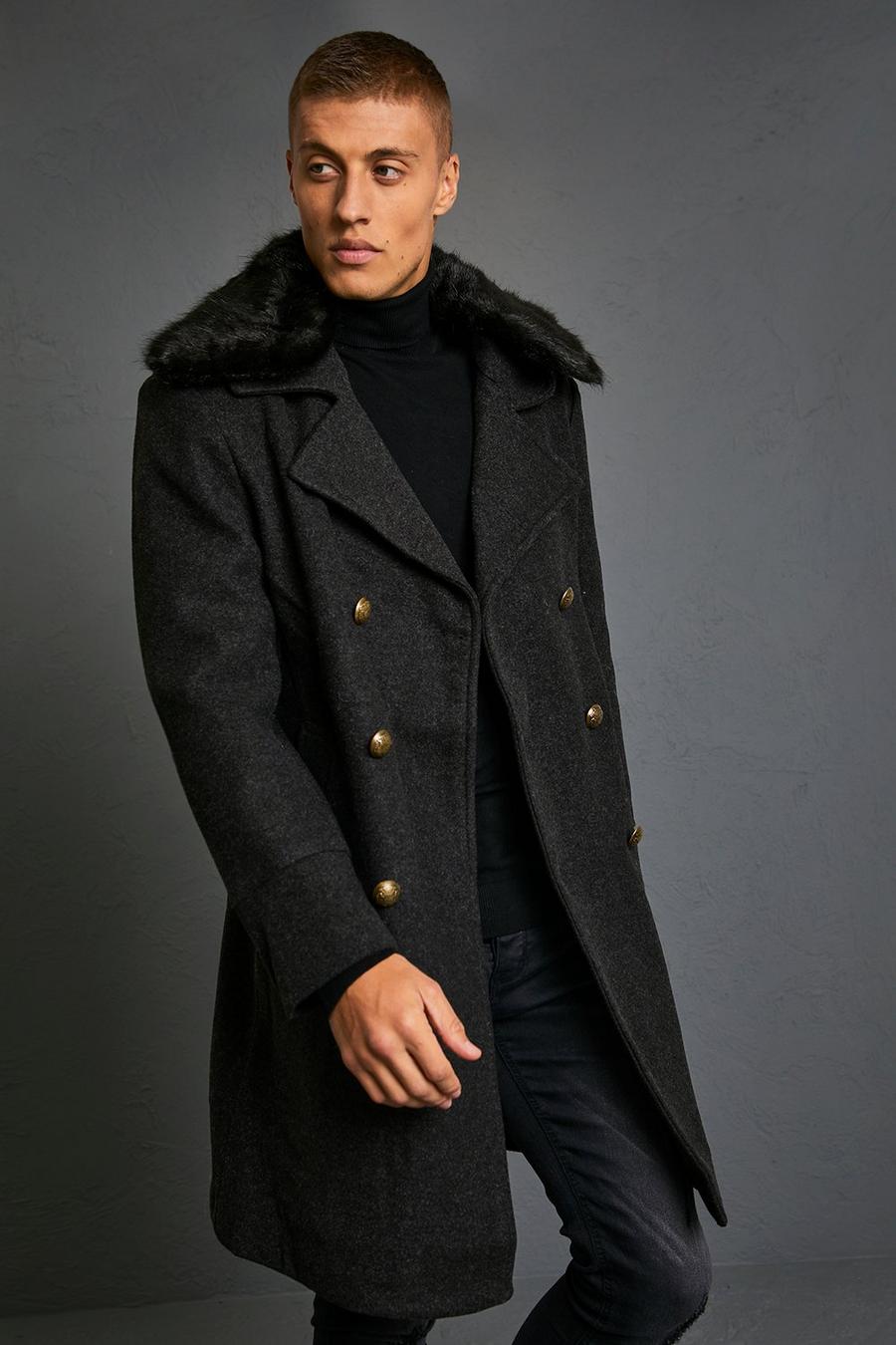 Charcoal grey Faux Fur Collar Military Overcoat