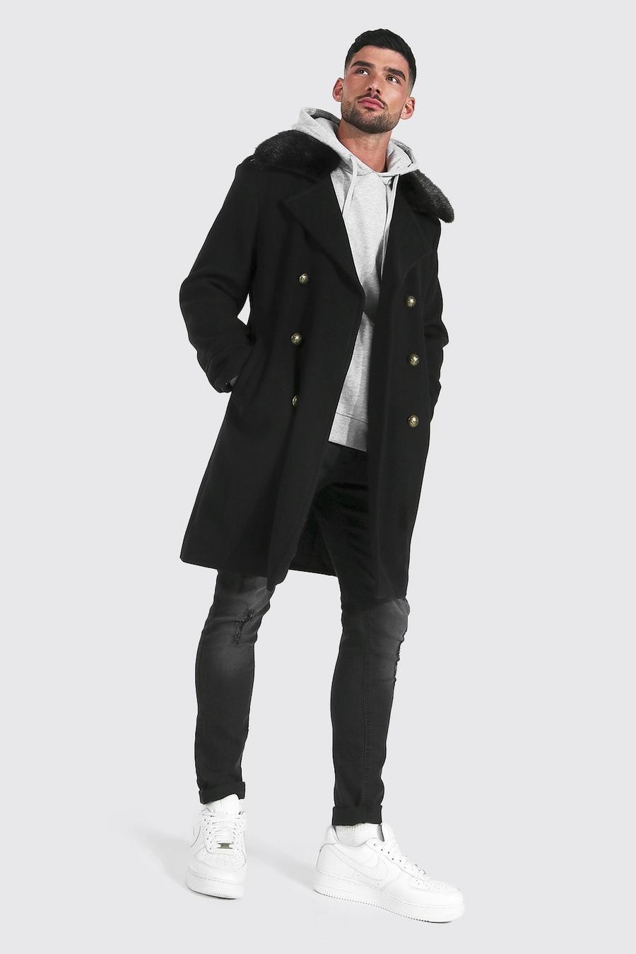 Black Faux Fur Collar Military Overcoat image number 1