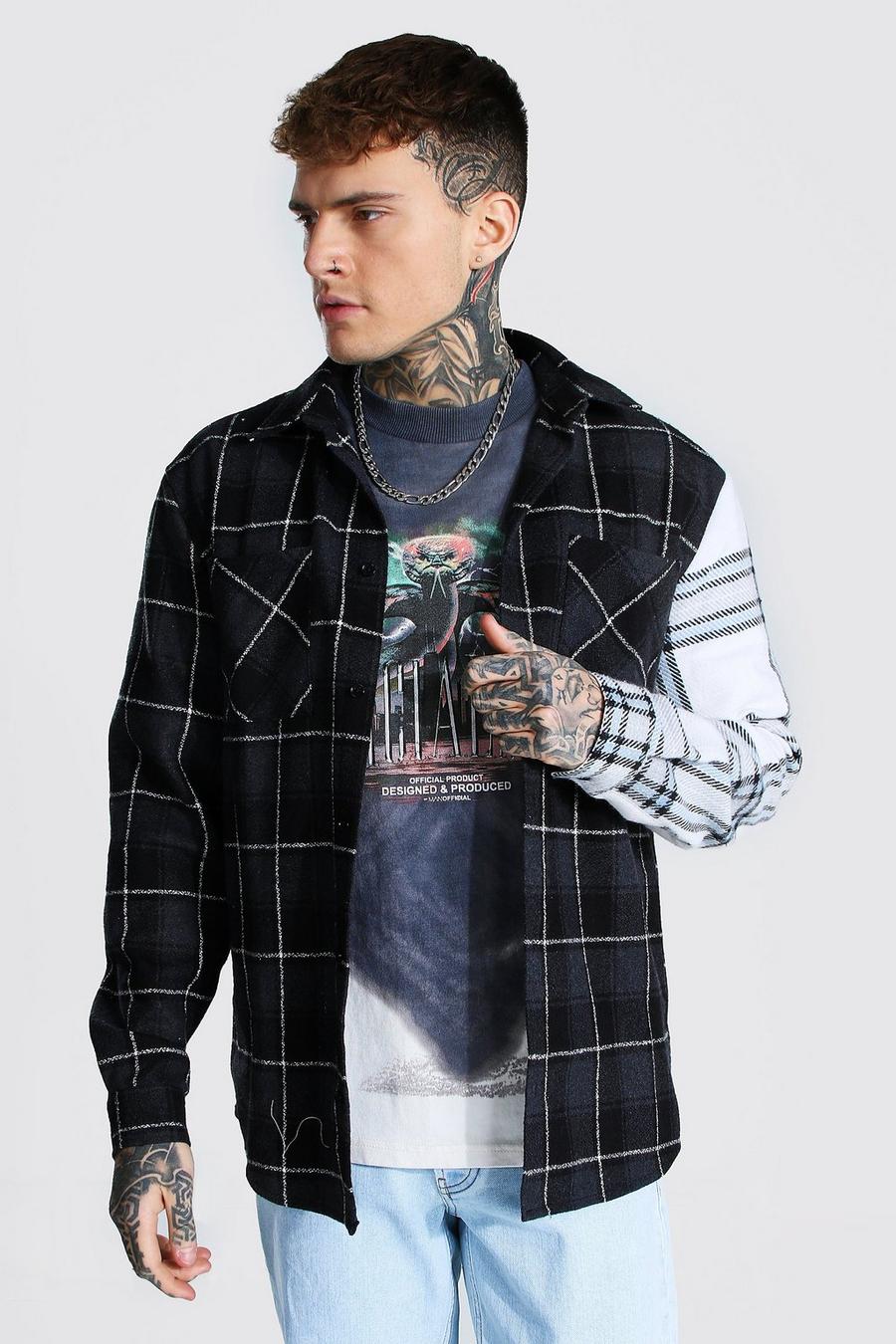 Black Spliced Sleeve Flannel Overshirt image number 1