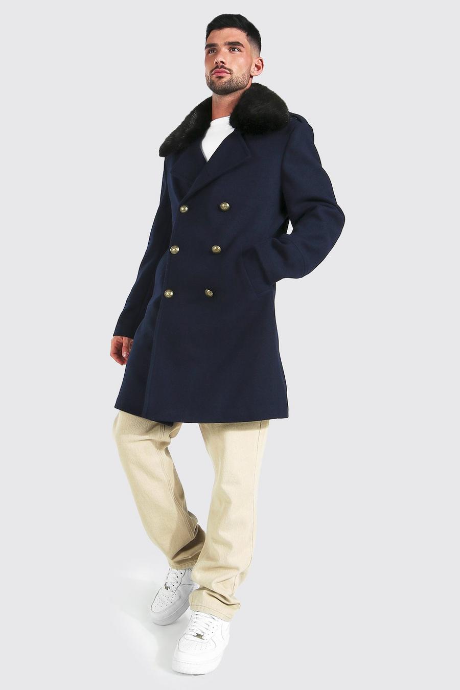 Navy Faux Fur Collar Military Overcoat image number 1