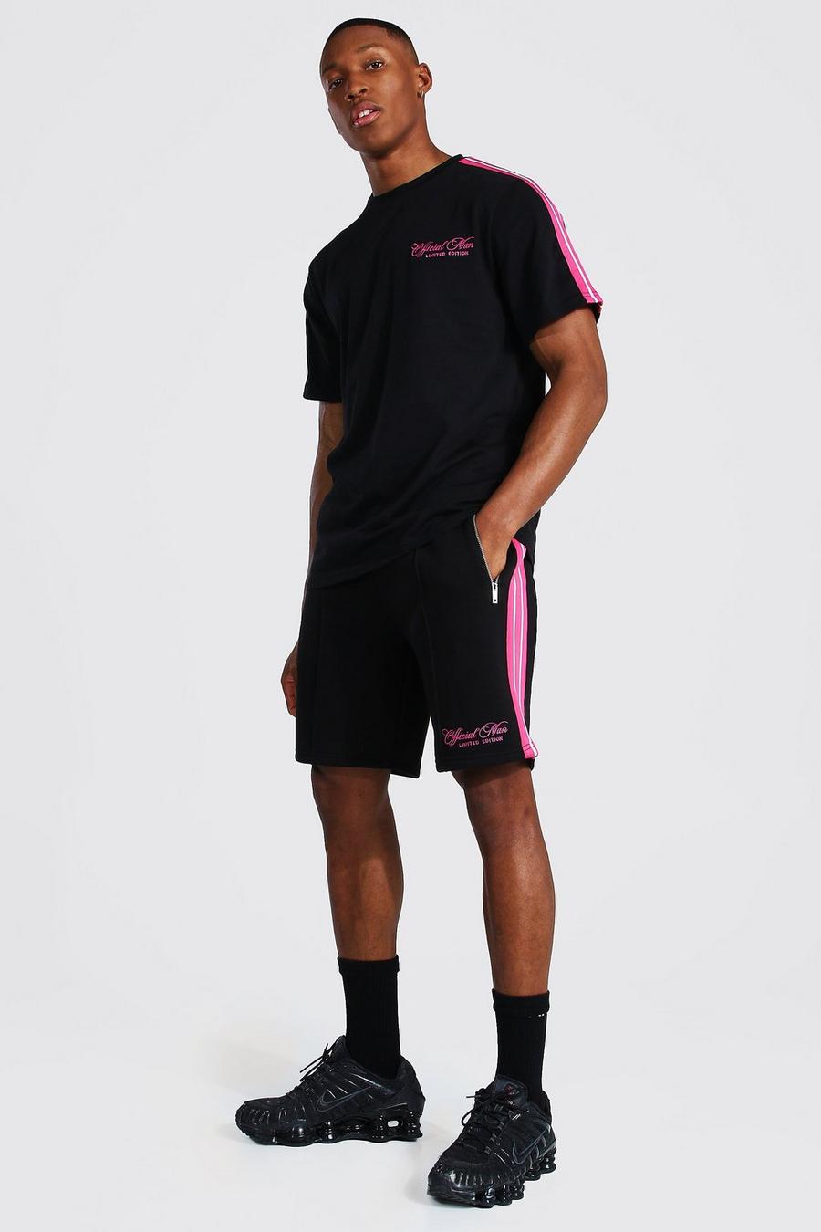 Black Official Man Gestreept T-Shirt En Shorts Met Biezen image number 1