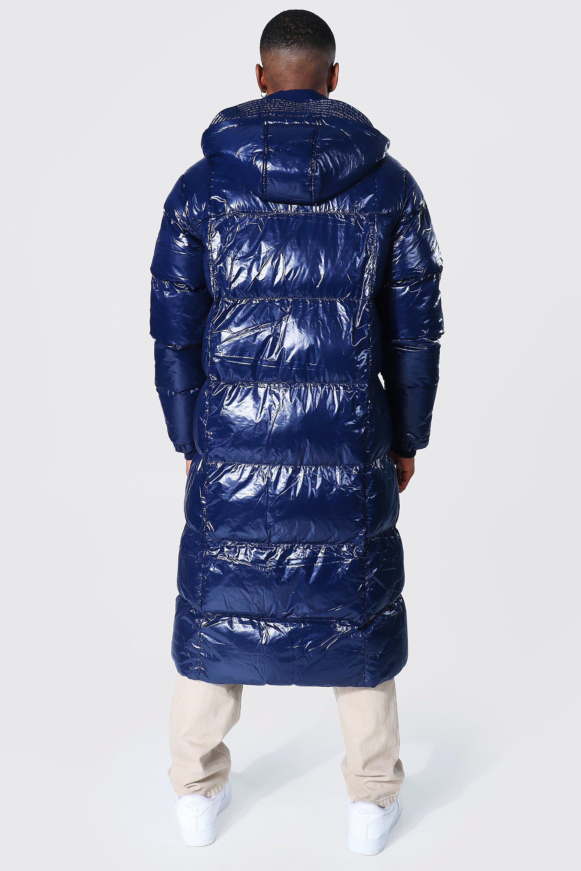 Mens Navy Longline Hooded Puffer Coat