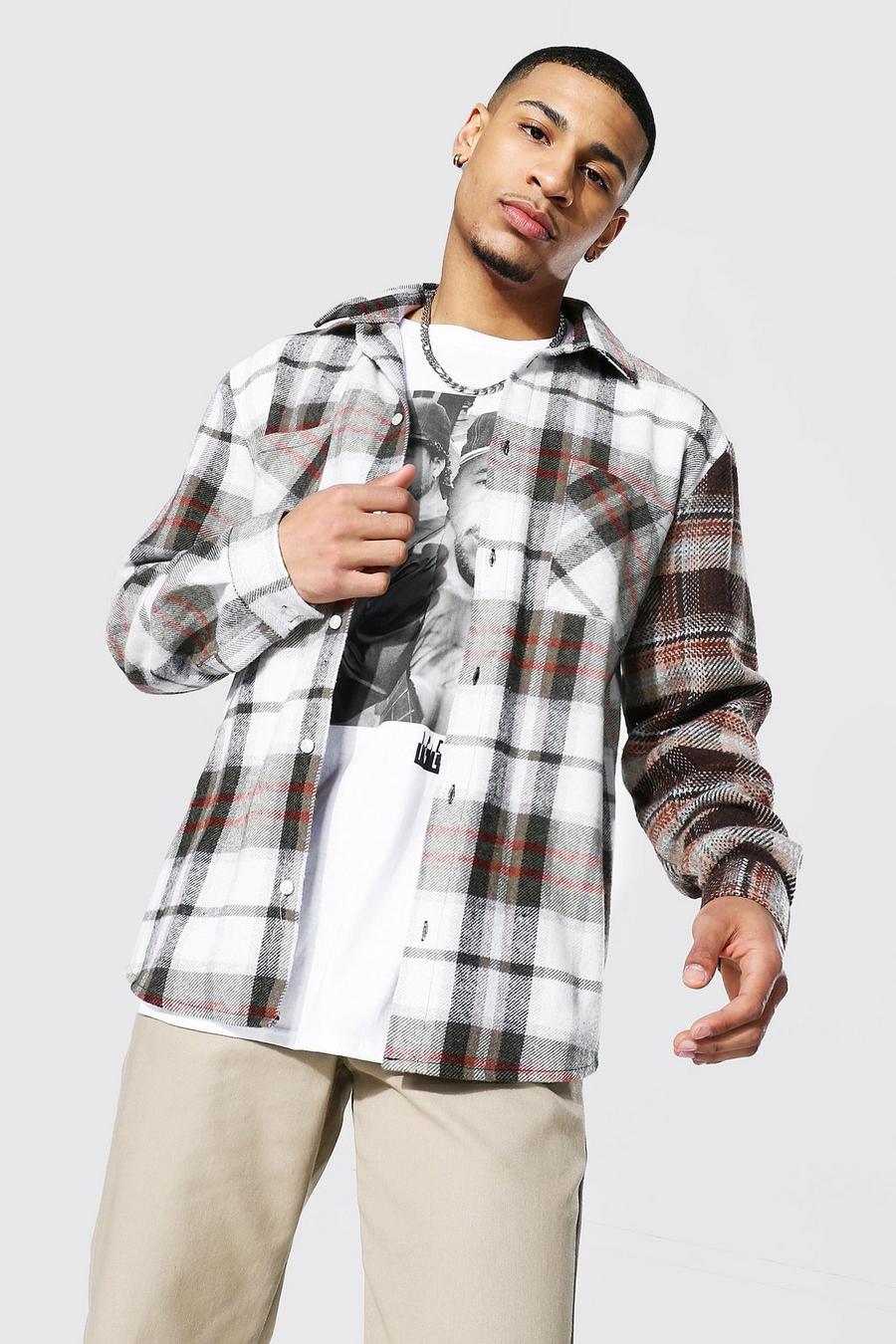 Ecru Spliced Sleeve Flannel Overshirt image number 1