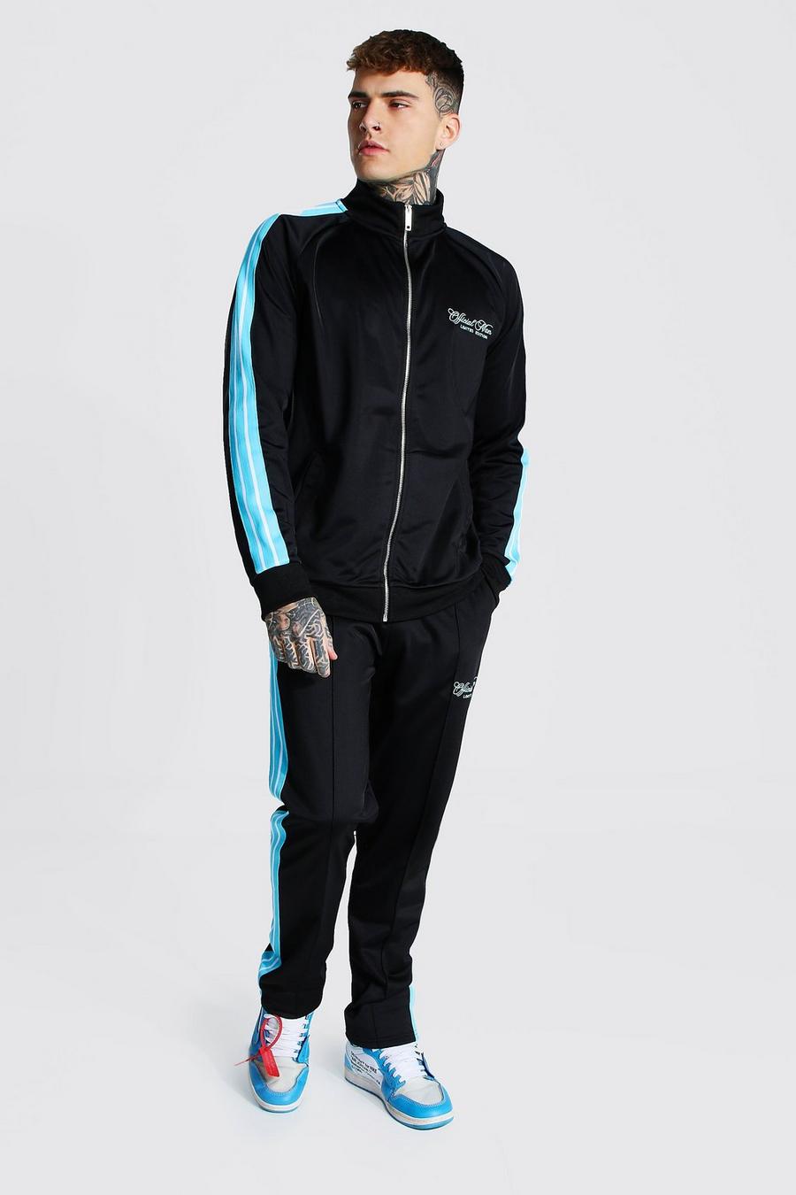 Man Funnel Neck Tricot Tape Tracksuit | Boohoo UK