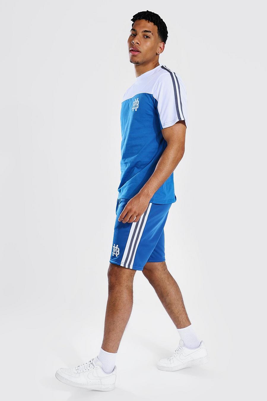 Conjunto de camiseta con bloques de color y cinta y pantalones cortos de punto, Azul image number 1