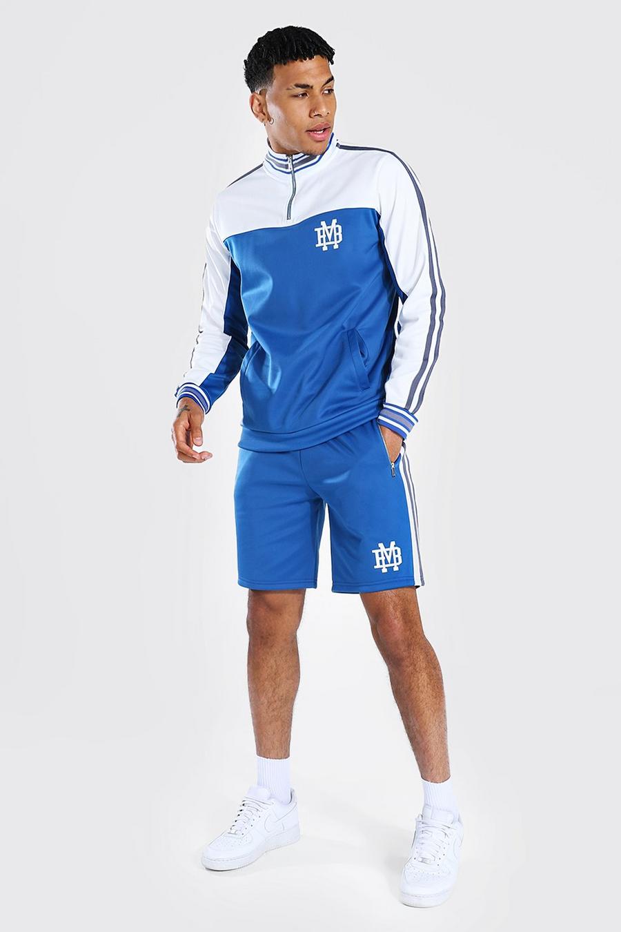 Trikot-Trainingsanzug mit kurzem Reißverschluss und Colorblock, Blau image number 1
