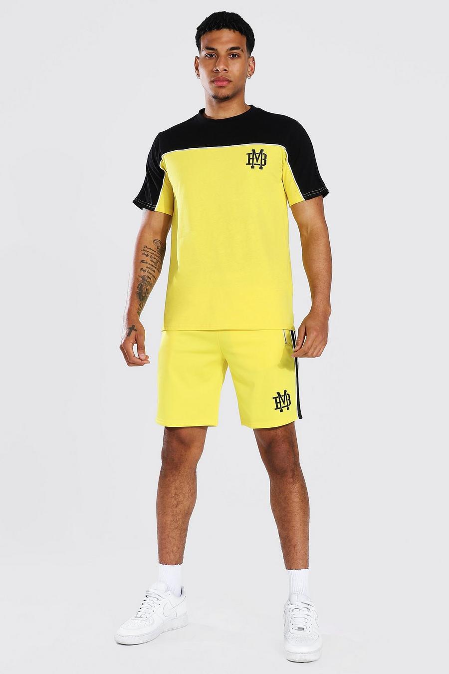 Yellow Colour Block Tape T-shirt & Tricot Short Set image number 1