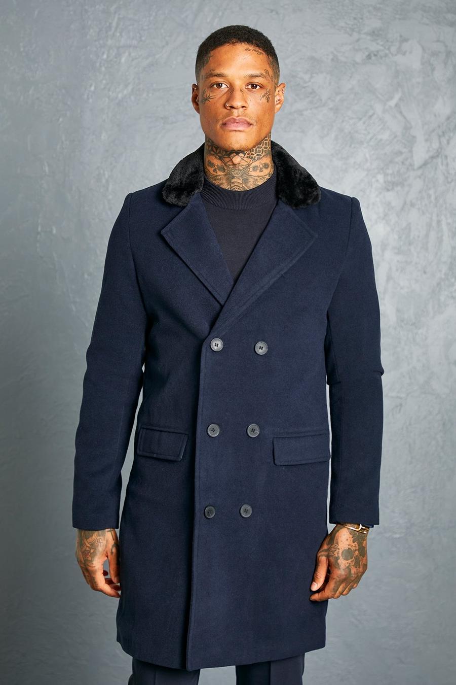 Navy Double Breasted Faux Fur Overcoat image number 1