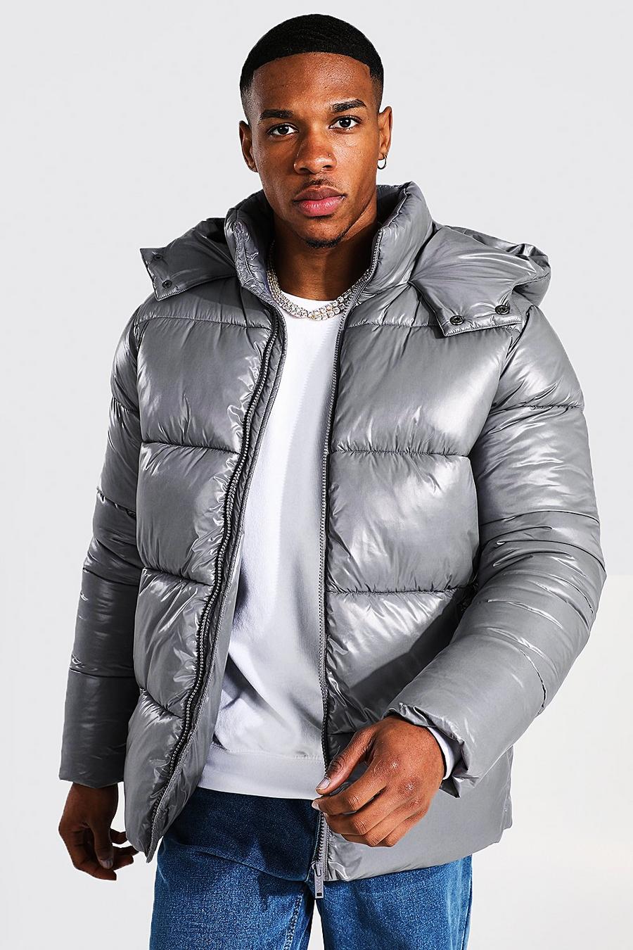 Charcoal High Shine Panel Puffer Jacket image number 1