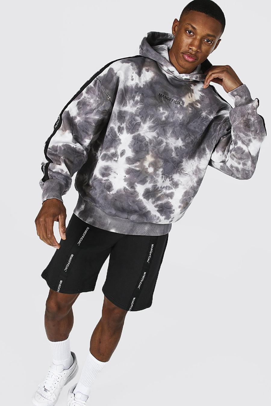 Übergroßes Set aus Hoodie mit Man-Streifen und Shorts in Batik-Optik, Schwarz image number 1