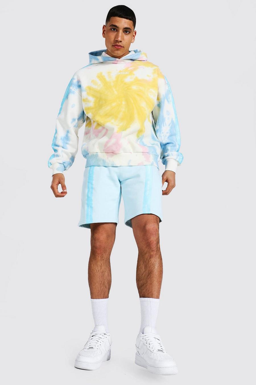 Light blue MAN Oversize hoodie och shorts med batikmönster image number 1