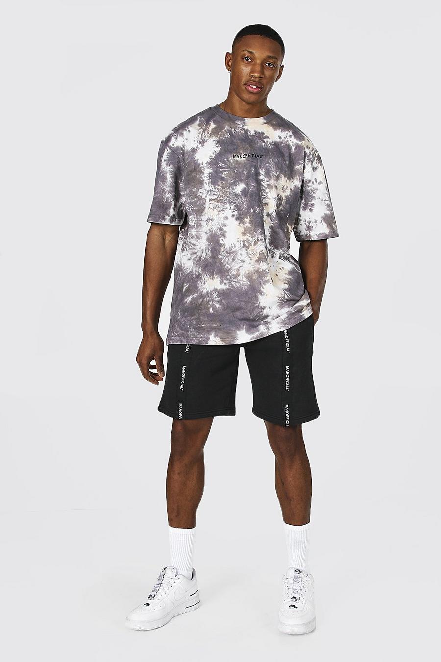 Black Oversized Gestreept Tie Dye Man T-Shirt En Shorts Set image number 1