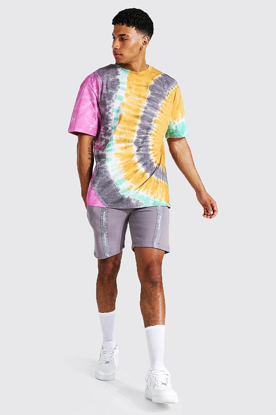 Übergroßes Set mit T-Shirt mit Man-Streifen und Shorts mit Batik-Muster, Mehrfarbig image number 1