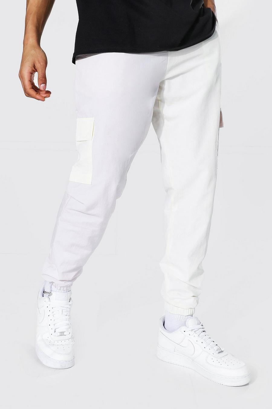 Pantaloni cargo con rivestimento effetto stropicciato a contrasto e scritta MAN, Écru image number 1