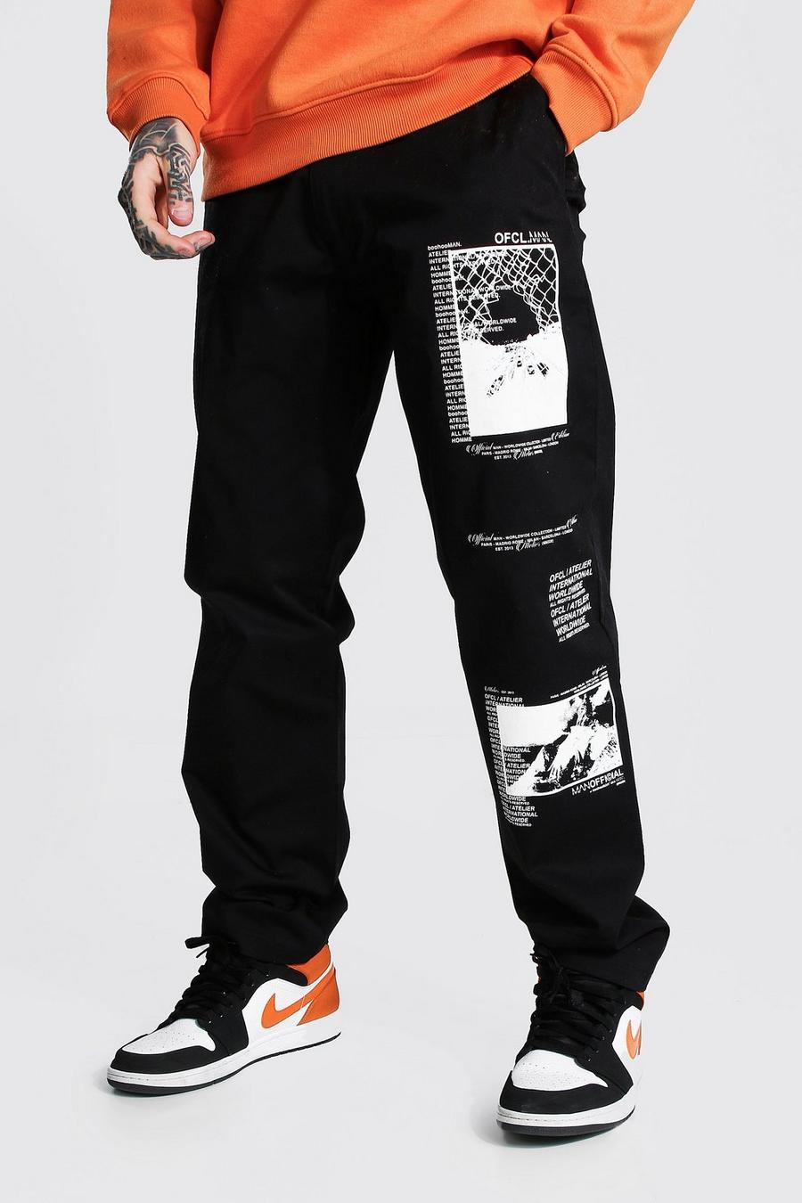 Pantalón chino holgado con estampado gráfico, Negro image number 1