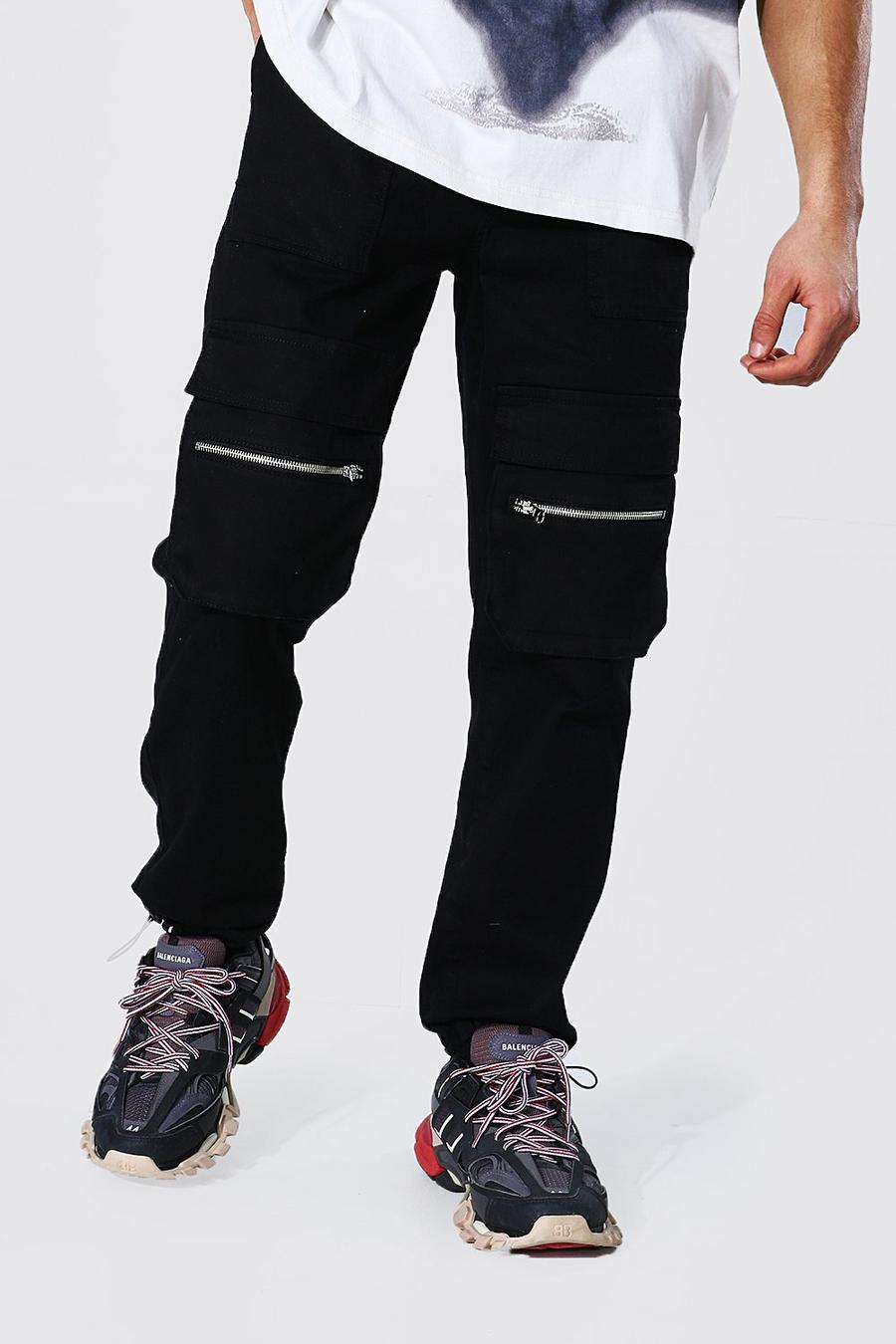Cargo-Hosen aus Twill mit mehreren 3D-Reißverschlusstaschen, Schwarz image number 1