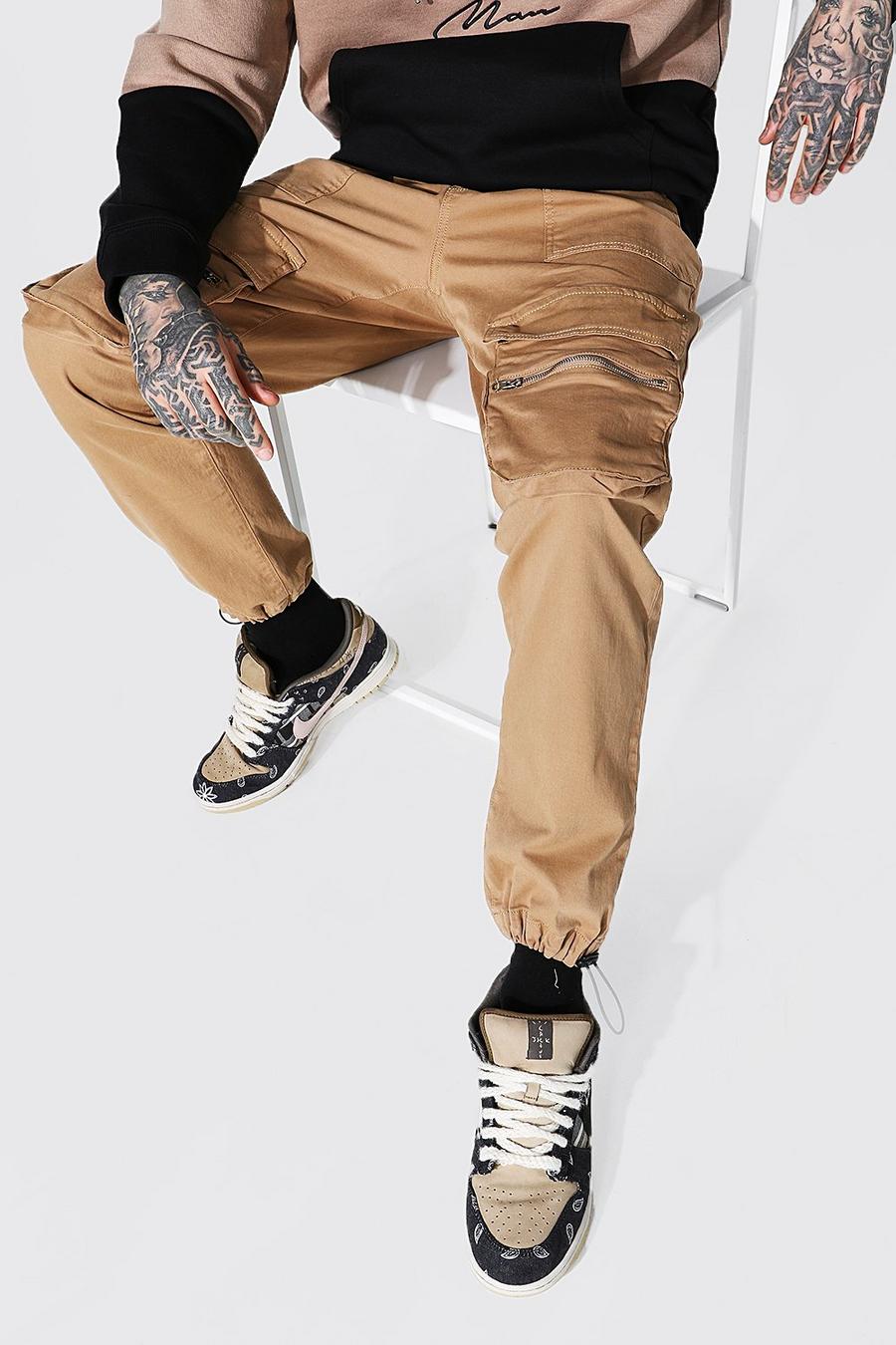 Pantalon cargo à poches zippées, Tan image number 1