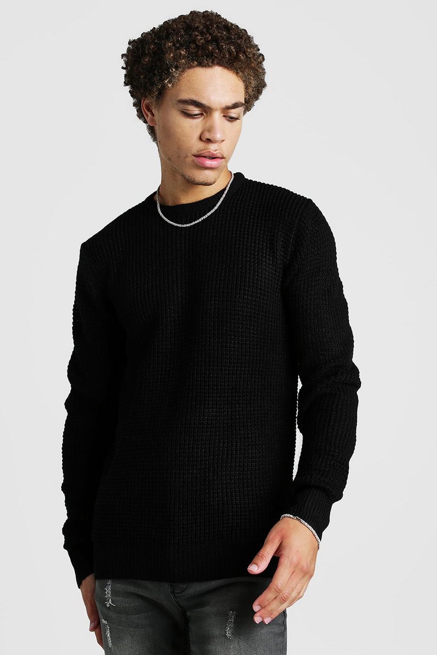 Black negro Waffle Stitch Knitted Crew Neck Jumper image number 1