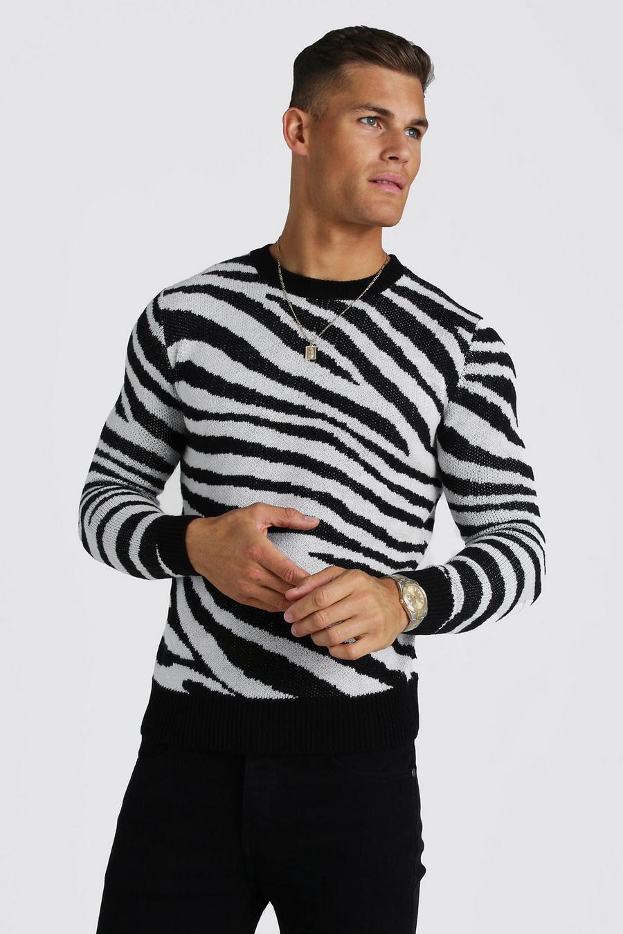 Black Crew Neck Zebra Print Sweater image number 1