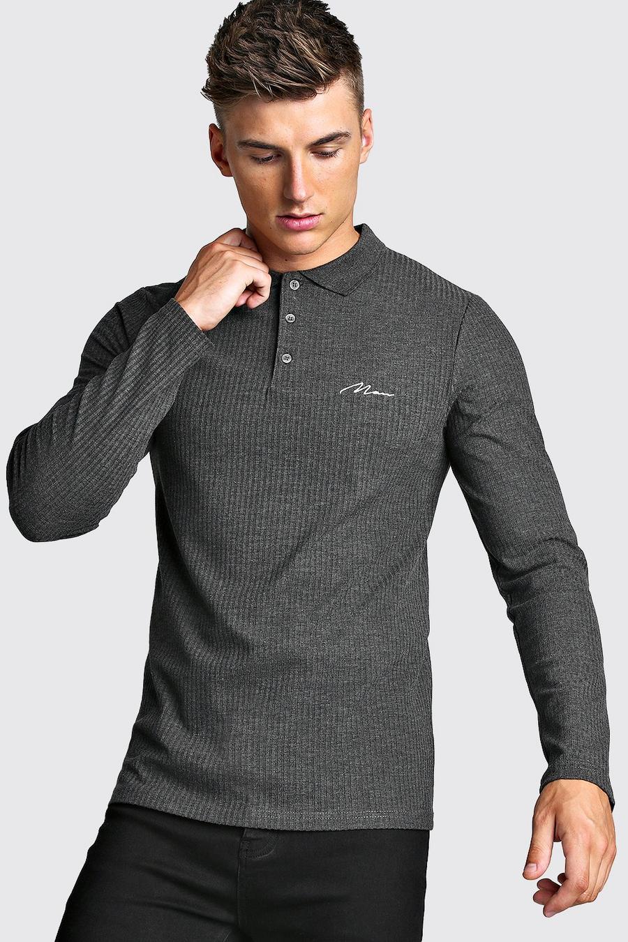 Muscle Fit MAN Signature Long Sleeve Ribbed Polo, Charcoal grigio image number 1