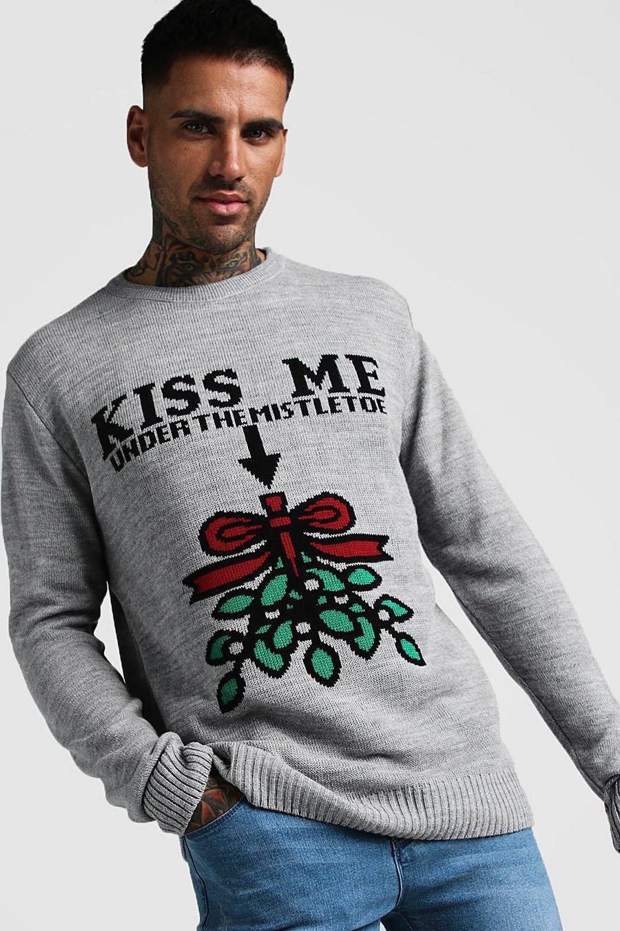 Pullover natalizio con scritta “Kiss me”, Grigio image number 1