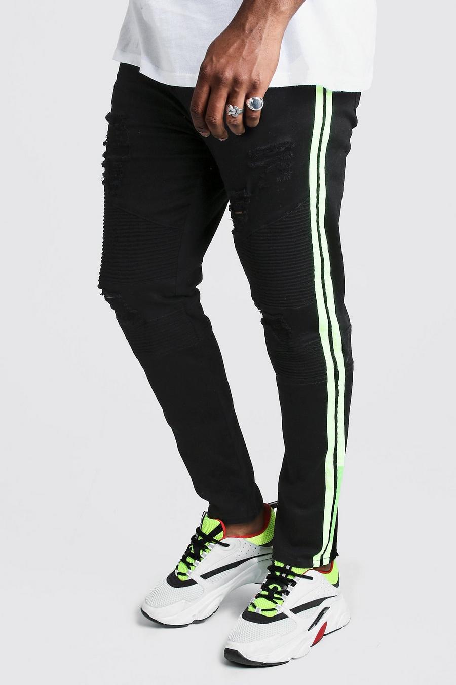 Black Big & Tall - Skinny jeans i bikermodell med neonfärgade kantband image number 1