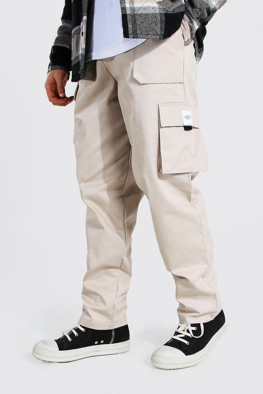Pantaloni cargo taglio rilassato in twill con cintura sul davanti, Pietra image number 1
