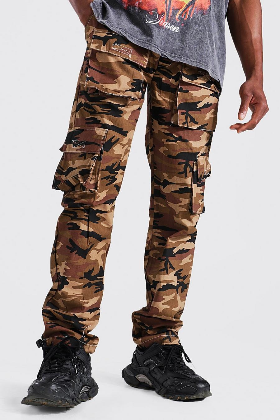 Brown Relaxed Fit Pocket Camo Twill Cargo Pants image number 1