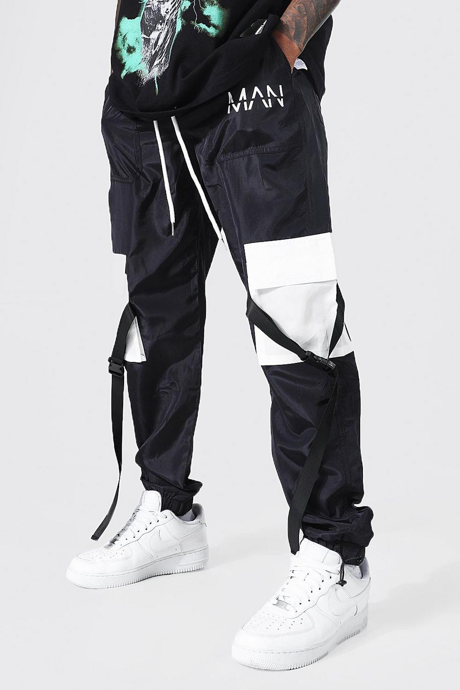 Black Man Shell Belted Colour Block Cargo Pants image number 1