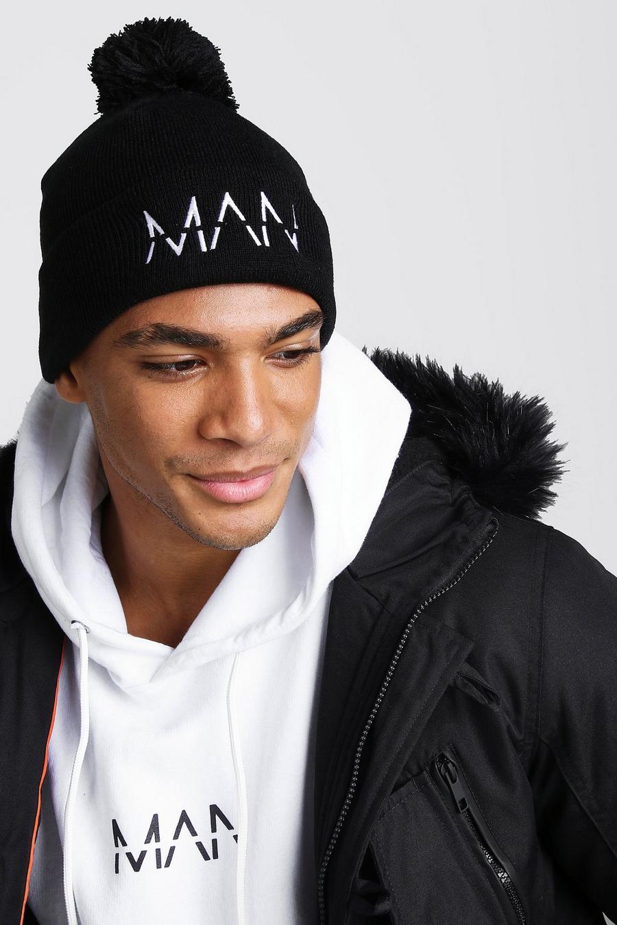 Black MAN Embroidered Bobble Beanie image number 1