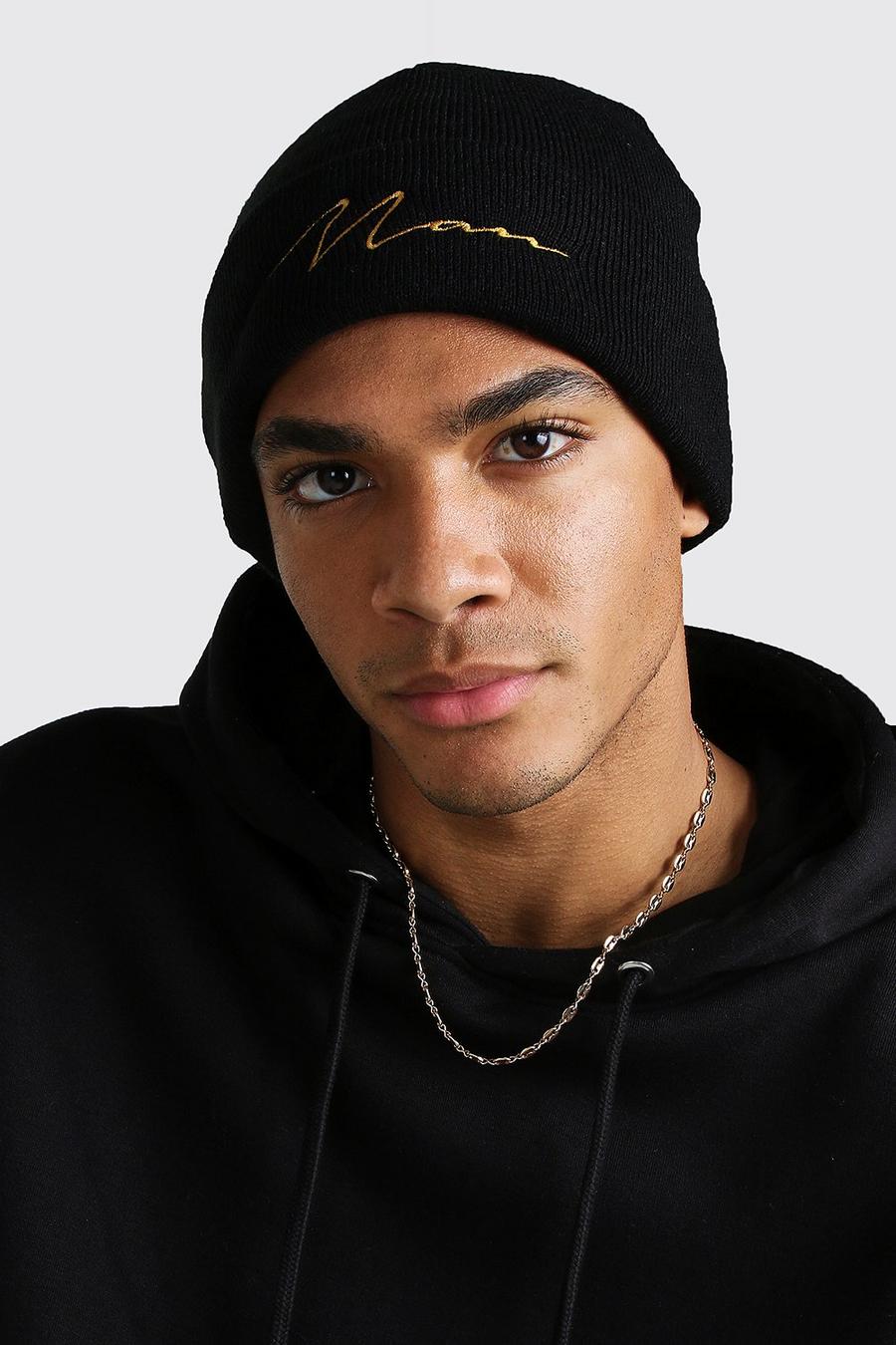 Gold MAN Script Embroidered Beanie image number 1