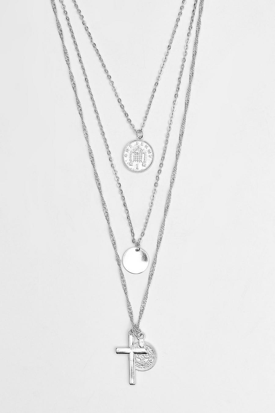 Silver Multi Layer Coin And Cross Necklace image number 1