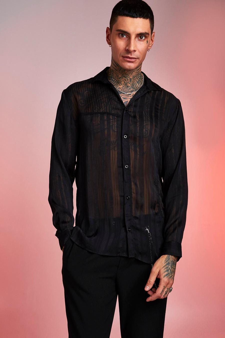 Black Loose Fit Long Sleeve Semi Sheer Stripe Shirt image number 1