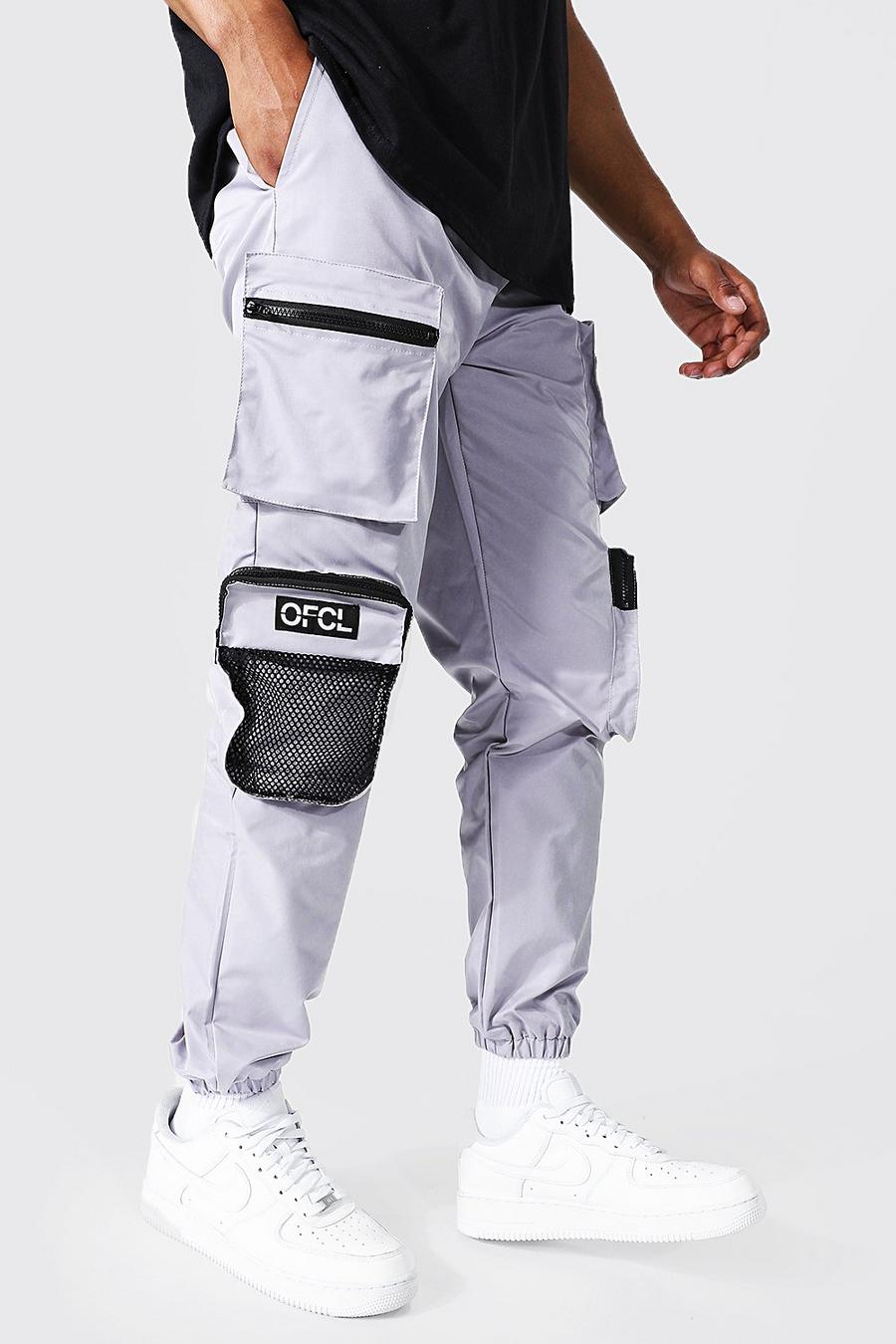 Light grey Man Print Twill 3D Mesh Pocket Cargo Pants image number 1